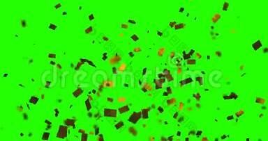 从底部金光闪闪的箔纸纸屑爆炸，动画上的色度键绿色屏幕背景，新年快乐假期